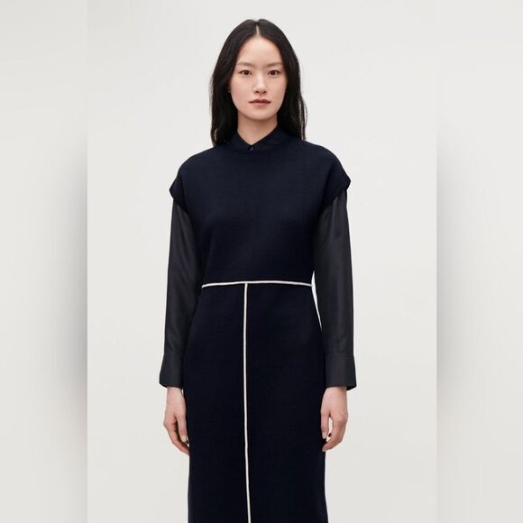 Cos navy wool blend midi dress grey contrast piping trim size M - Picture 4 of 12